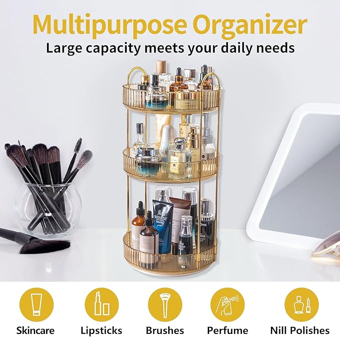 360 Rotating Makeup Organizer for Vanity,3 Tier Large Capacity Vanity Storage,Skincare Perfume Spinning Organizer,Bathroom Cosmetics Storage Makeup Stand Organizer (Gold-3 Tier)