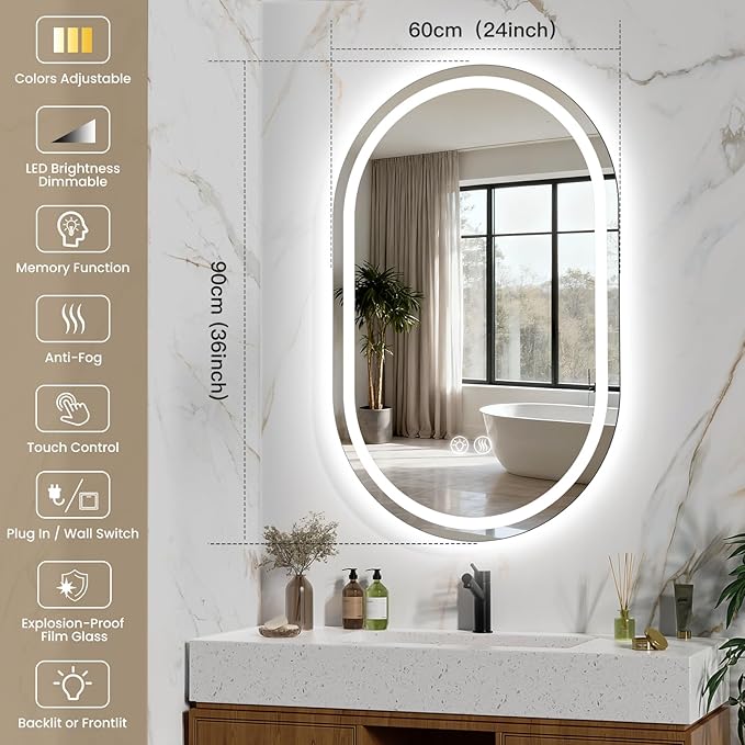 Oval LED Bathroom Vanity Mirror, 36x24 inch Mirror with Light, Smart Anti-Fog Waterproof Mirror with Memory Function Dimmable Lighted Mirror
