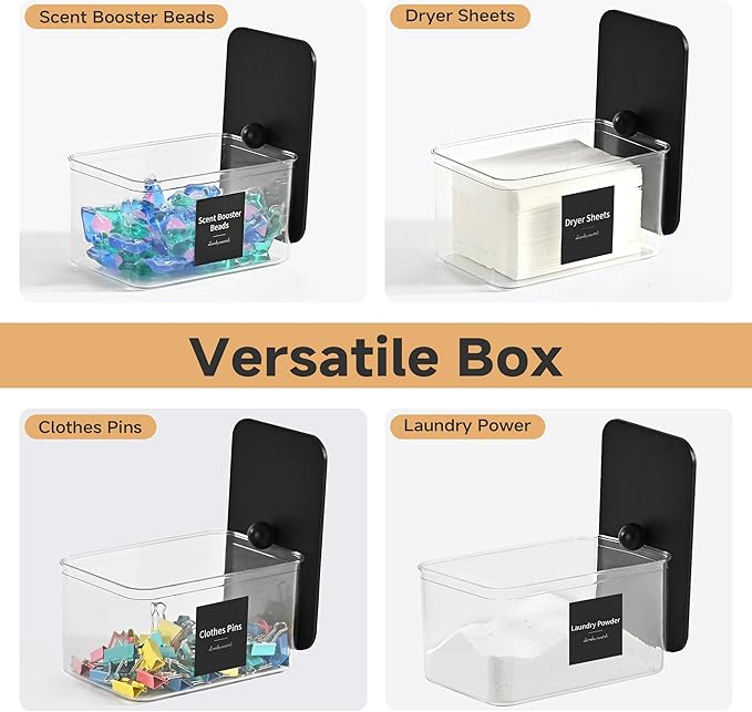 Glass Laundry Pods Container & Acrylic Dryer Sheet Holder with Balck Bamboo Knobs Lids, Scoops & Labels | Premium Laundry Room Organization and Storage for Detergent Pods, Powder, Dryer Balls & Beads