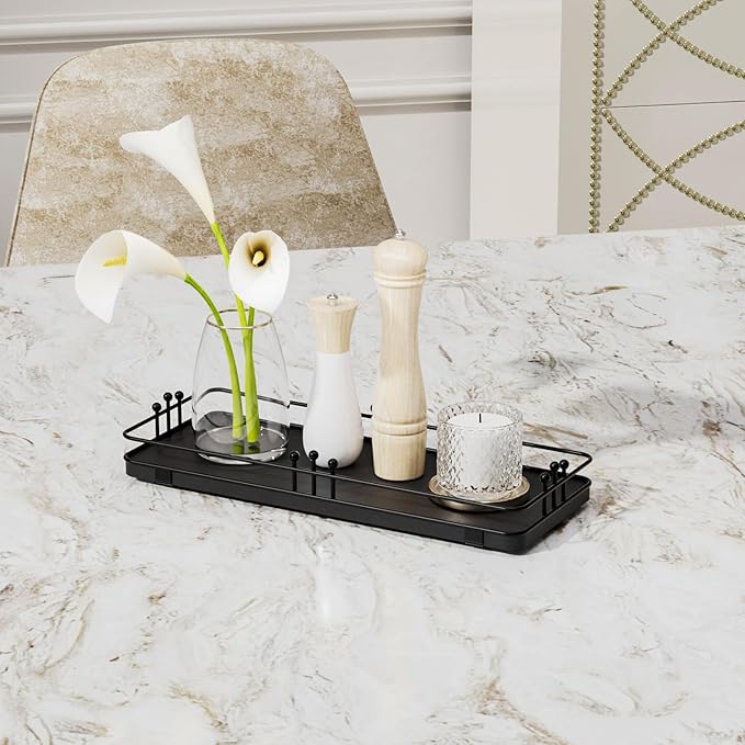 Bathroom Vanity Tray for Countertop Toiletries Perfume Makeup Soap Dispenser Toilet Tank, Kitchen Tray for Salt Spice, Black Decor Tray for Candle Nightstand Coffee 11.3”x 4.4”