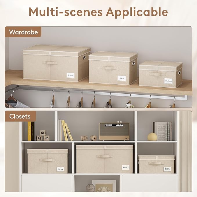 Lifewit Clothes Storage Bins with Lids, Fabric Foldable Storage Boxes with Handles, Decorative Closet Organizer, Stackable Cube Baskets Container for Bedroom, Office, 34.5L Large Beige, 5 Packs