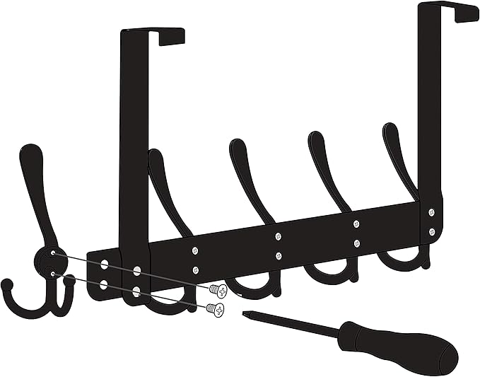 SKOLOO Over The Door Hook - for Doors up to 1-3/4'' Thickness, Metal Door Hanger with 5 Triple Hooks, Over The Door Hanger for Coats, Hats,Towels, Silver, Assembly Required
