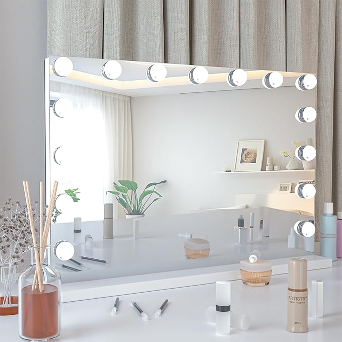 YOURLITE Vanity Mirror with Lights,Large Hollywood Mirror with Lights with 15 Bulbs, 3 Colors Modes & Adjustable Brightness, Makeup Mirrors Vanity with 10x Spot Mirror, USB Charging Port