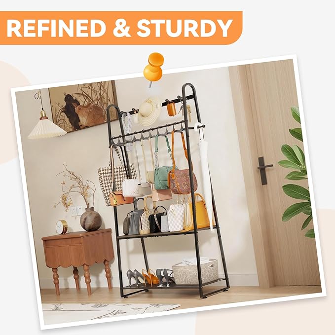 KAFAHOM Purse Organizer for Closet, Purse Rack - Tall Purse Shelf with 8 Hooks & 10 Removable Hangers to Hold Handbags, Backpacks, Pocketbooks., Perfect Purse Display Stand & Storage Tree,Black