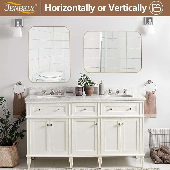 26x38 Inch Brushed Nickel Bathroom Mirror, Framed Rectangle Mirror with Rounded Corner, Brushed Mirror, Silver Bathroom Mirror for Over Sink, Vanity, Living Room, Bedroom, Horizontal/Vertical