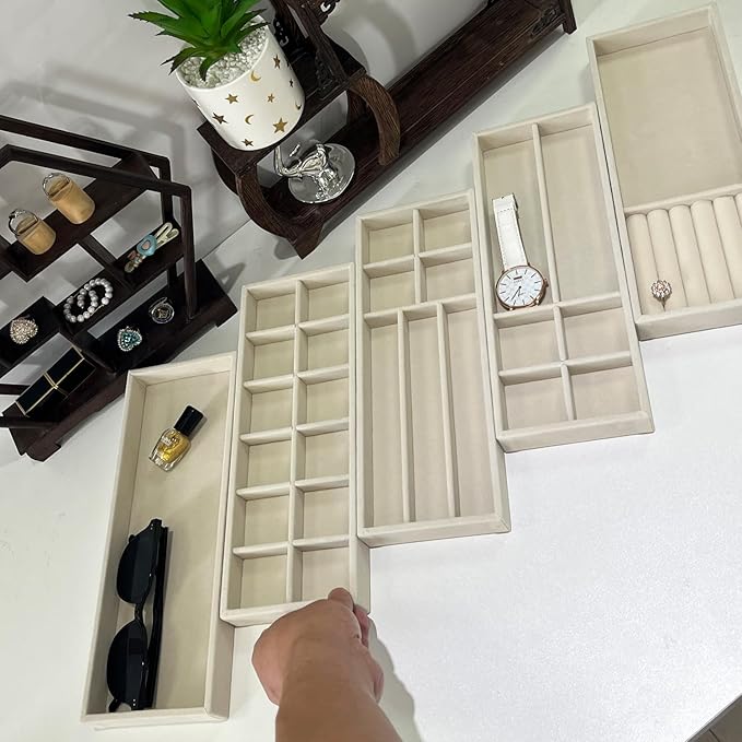 2Pcs Desk Drawer Storage Tray, Nightstand Organizer, Necklace Bracelet Ring Earring Jewelry Display, Grid Table Organizer Holder for Sunglass, Phone, Watch, Perfume (6 grid)/Beige