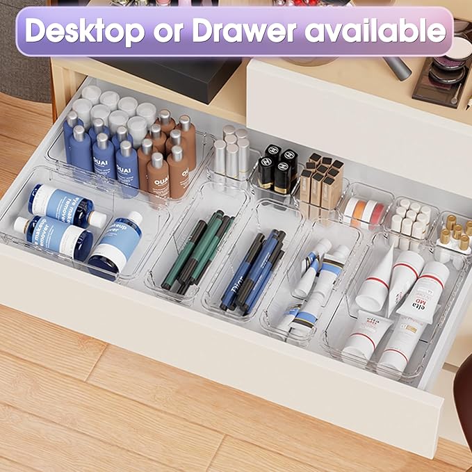 25 Pcs Extendable Clear Drawer Organizer, Adjustable Vanity Storage Box, 3-Size Desk Drawer Organizer, Non-Slip Storage Bins for Cosmetics, Jewelries, Stationeries, Tools, Cutleries, Toiletries