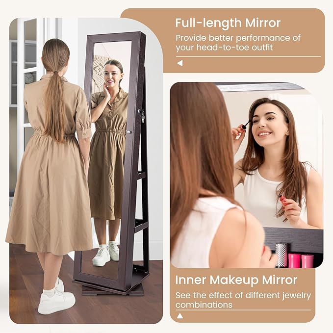 360° Swivel LED Mirror Jewelry Cabinet with Full Length Mirror, Lockable Floor Standing Mirrored Jewelry Armoire Organizer w/Inside Makeup Mirror & Back Storage Shelves, Space-Saving (Espresso)
