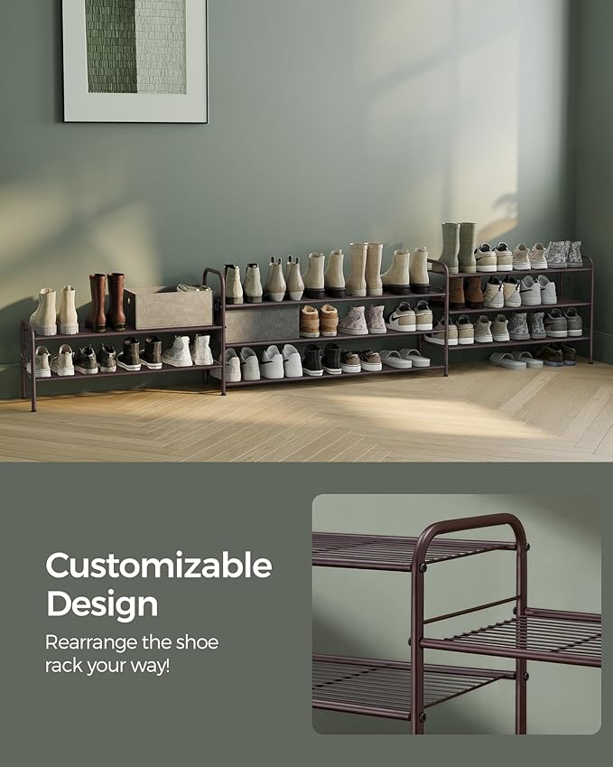SONGMICS Shoe Rack, 2-Tier Shoe Organizer, Metal Shoe Shelf Storage with 4 Side Hooks, Holds 10 Pairs of Shoes, Height-Adjustable Shoe Rack for Entryway, Hallway, Closet, Chestnut Brown ULMR128A01