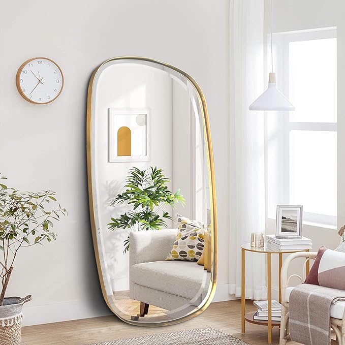 POZINO Gold Beveled Mirror, 28"x48" Modern Rounded Rectangle Mirrors, Large Brass Oval Mirrors, Oblong Vanity Wall Mirror for Bedroom Living Room Entryway Fireplace, Hangs Horizontal Or Vertical