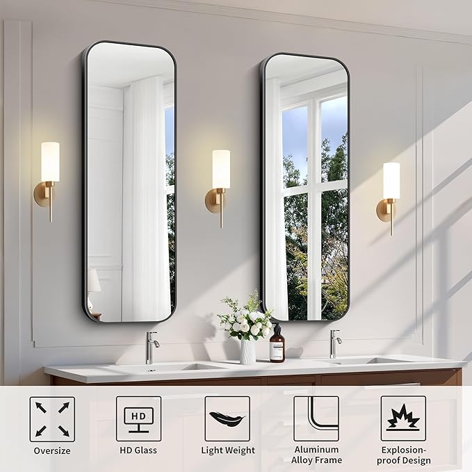 FORBATH Bathroom Mirror 48" x 16", Rectangle Black Bathroom Mirror with Black Aluminum Frame Rounded Corner, Wall Mounted Mirror for Bedroom Entryway Living Room