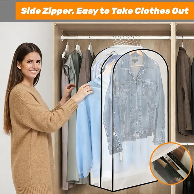 4 Pack 10" Gusseted Garment Bags, 40" Clear Suit Bags for Closet Storage, Hanging Clothes Covers with Zipper, Closet Dust Cover Protector Bag Cover for Jacket, Coat, Shirts, Dress, Sweater