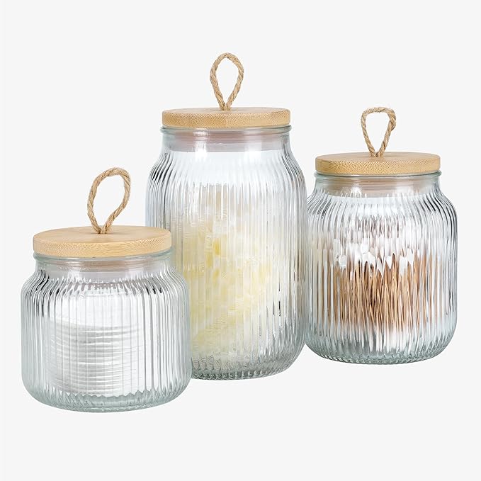 Navaris Bathroom Storage Ribbed Glass Canister Set of 3 - Multipurpose & Airtight for Cotton Wool Ear Buds, Pads, Q Tips, & Make Up - Organiser for Vanity & Dressing Table Decor