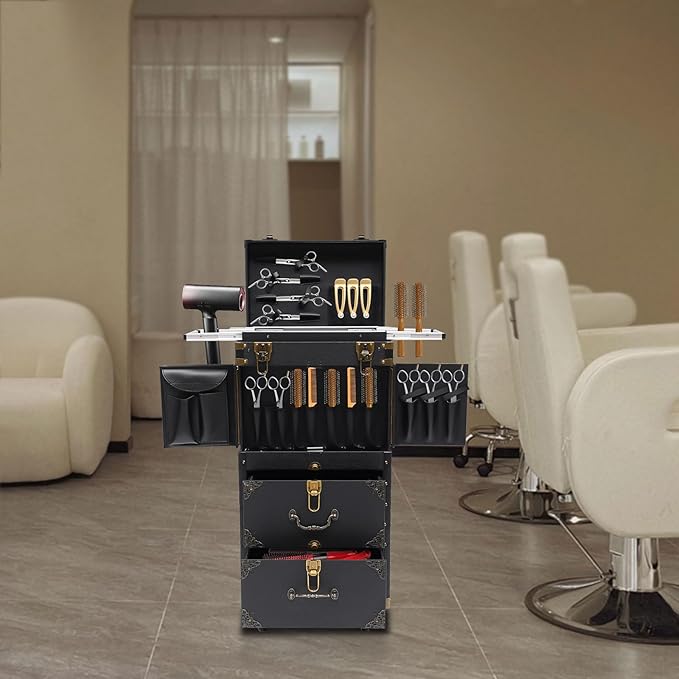 Rolling Makeup Train Case, Hairdressing Trolley Stylist Beauty Salon Cosmetic Luggage, Travel Organizer Tool Box with Hair Dryer Holder, Lockable Travel Makeup Trolley (Style 4)