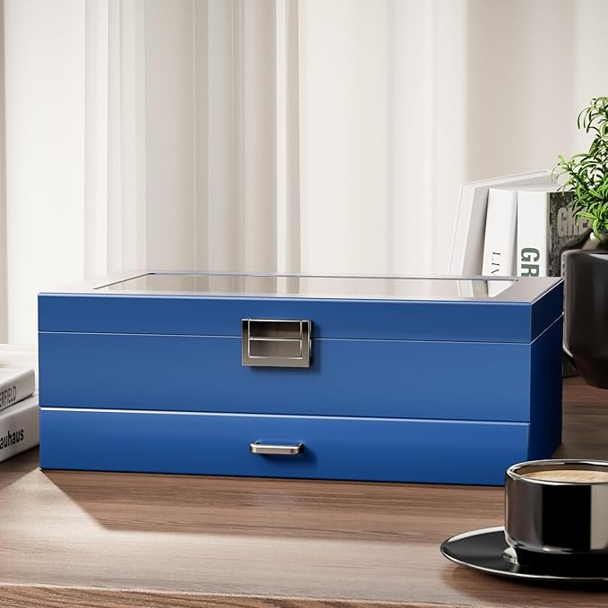 ProCase Lacquered Finish Wooden Men's Jewelry Box, 6 Slots Watch and Sunglasses Box Organizer for Men, 2-Tier Watch Holder Display Cases with Glass Top and Storage Drawer -Blue