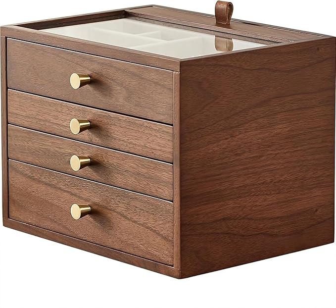 Black Walnut Wooden Jewelry Box for Women 4 Layer with Glass Lid and Pull-out Necklace Storage Layer Watch Necklace Ring Earring Storage,Valentine's Day Gifts