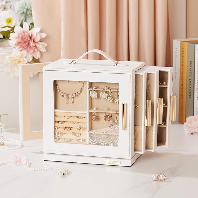 Homde Valentine's Day gifts Jewelry Box 360° Rotating, Necklace Earring Organizer with Transparent Window, Mirror, 7 Drawers, Large Ring Display Storage Case for Girls Women (White)