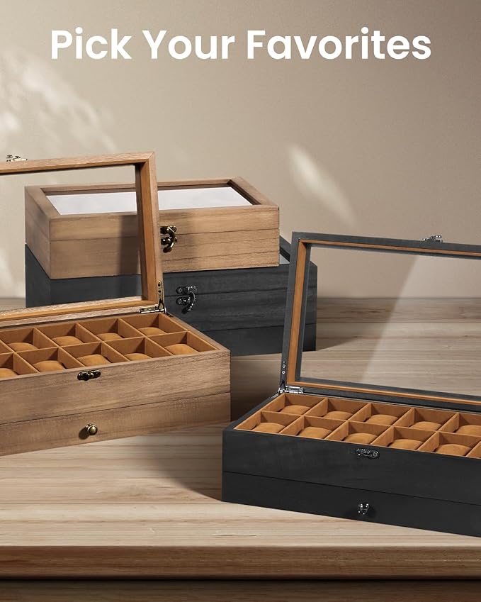 Uten 12-Slot Watch Box, 2-Layers Solid Wood Watch Display Case with Glass Lid, Watch Holder Organizer with Soft Pillow and Velvet Lining, Watch and Jewelry Storage Box