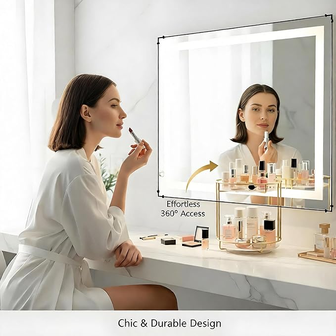 360° Rotating Makeup Organizer Countertop, 2-Tier Golden Vanity Organizer with Glass Shelves, Spinning Cosmetic Display Case for Bathroom & Bedroom, Tall Storage for Large Bottles