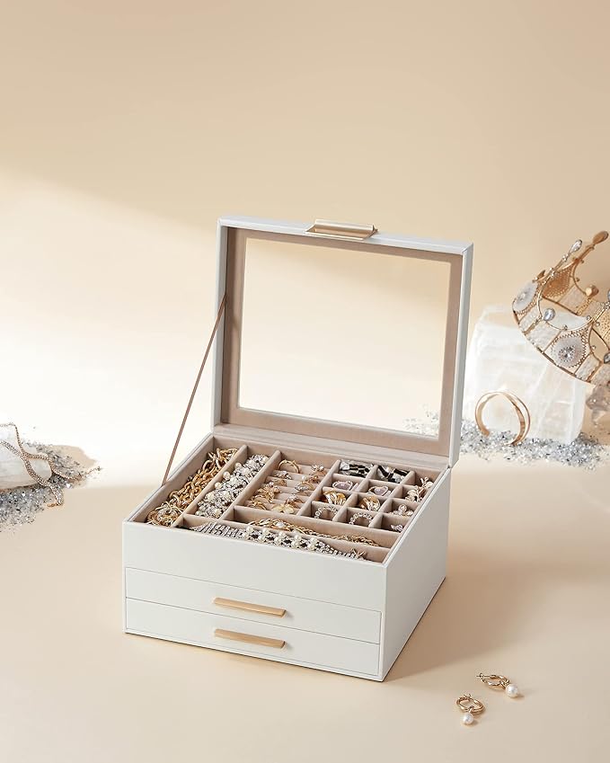 SONGMICS Jewelry Box Organizer with Glass Lid, 3-Layer Jewelry Storage, with 2 Drawers, Modern Style, 8 x 9.1 x 5.3 Inches, Cloud White and Gold Color UJBC239WT