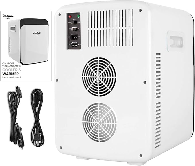 Cooluli 15L Mini Fridge for Bedroom - Car, Office Desk & College Dorm Room - 12V Portable Cooler & Warmer for Food, Drinks, Skincare, Beauty, Makeup & Cosmetics - AC/DC Small Refrigerator (White)