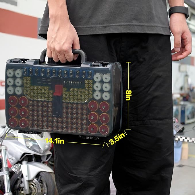 Battery Organizer Storage Holder Box Case with Tester- 269 Batteries Double-Sided Variety Pack, Holds AA AAA 4A C D Cell 9V 3V Lithium LR44 CR2 CR123 CR1632 18650 Button- Grey