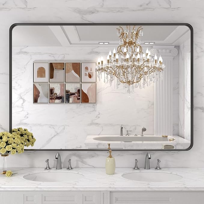 LOAAO 48X30 Inch Black Metal Framed Bathroom Mirror for Wall, Matte Black Bathroom Vanity Mirror Farmhouse, Large Rounded Rectangle Mirror, Anti-Rust, Tempered Glass, Hangs Horizontally or Vertically