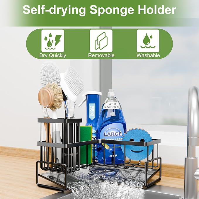 Large Sponge Holder for Kitchen Sink, Sink Caddy Organizer with Dish Brush Holder for Countertop Corner Storage Rack, Metal L-Shaped Kitchen Sink Sponge Soap Organizer Storage Ideas