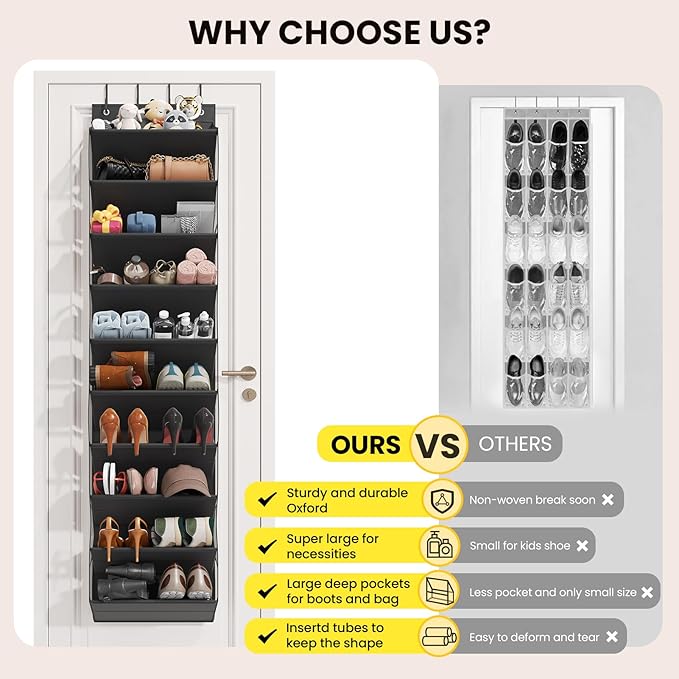 10 Tier Clear Over the Door Shoe Organizer with Deep Pockets, Door Shoes Rack with Hard Tube to Keep the Shape, Hanging Shoe Rack for Closet Organizers & Storage, Behind Door Shoe Holder Black