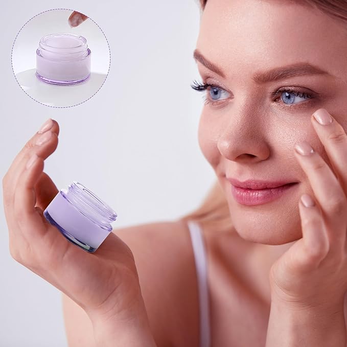 Domensi 60 Pcs 1oz Glass Jars with Lids Bulk Salve Tins Winter Cream Container Small Glass Candle Cosmetic Jars for Travel Lip Balm with Inner Liners for Lotion Sample Cream(Light Purple, White Lids)