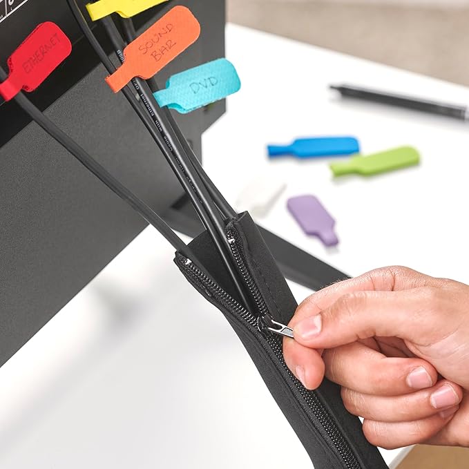 Zipper Cable Sleeve by Wrap-It Storage - 24" x 4" (4-Pack) Black - Cord Organizer and Cable Protector for Desk, Computer, TV Cord Management to Hide and Cover Wire and Extension Cables