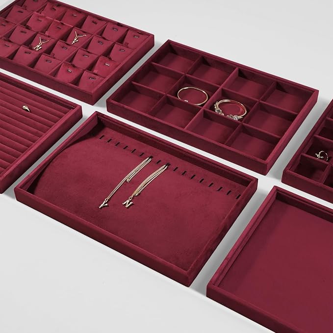 Velvet Stackable Jewelry Display Flat Tray For Ring Earring Necklace Bracelet, Bangle Pendant Storage Blank Plate, Shop Countertop Jewelry Dish Organizer (Red)