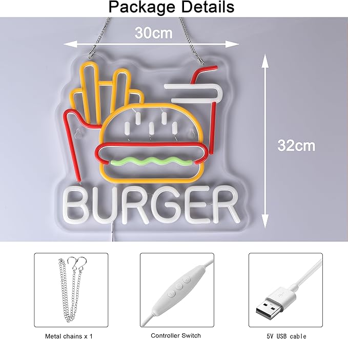 Burger Fries Neon Sign for Wall Decor Art Hamburger French Fries LED Neon Light 12.6" x 11.8" Fast Food Business Signs for Home Restaurant Bar Man Cave Decoration