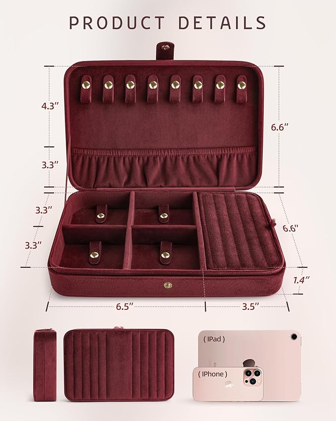 VELORIA Velvet Travel Jewelry Box Organizer, Jewelry Case with 8 Snap Clasps for Necklaces, Ring & Earring Storage, Compact Jewelry Organizer for Bracelets and Bangles, Dark Red