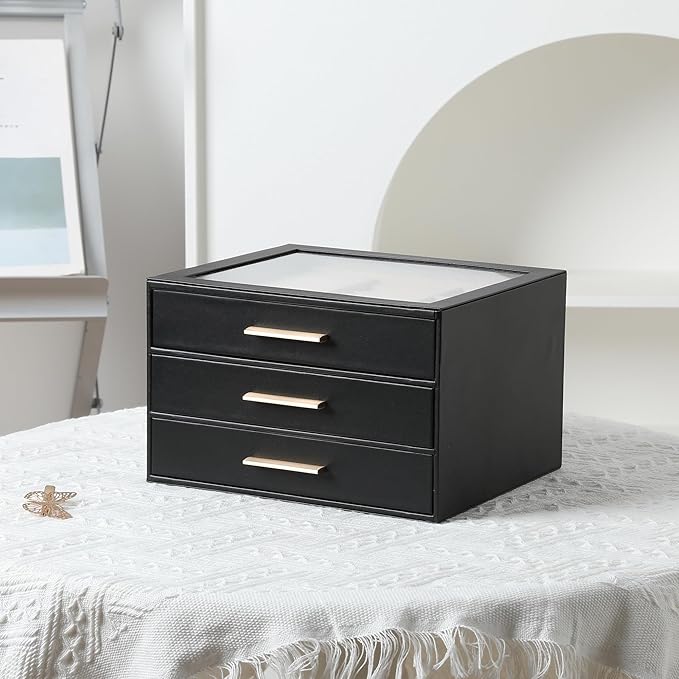Frebeauty Clear Lid Jewelry Box,3-Layer Jewelry Organizer with Drawer,PU Leather Jewelry Organizers and Storage,Jewelry Boxes for Women,Jewelry Storage for Rings Earring Stud,Gift for Women(Black)