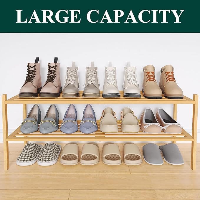 Smiry Long Bamboo Shoe Rack 2-Tier, Stackable Wooden Shoe Organizer for Entryway & Closet, Free Standing Wood Shoe Storage Shelf for Front Door & Small Spaces, Natural