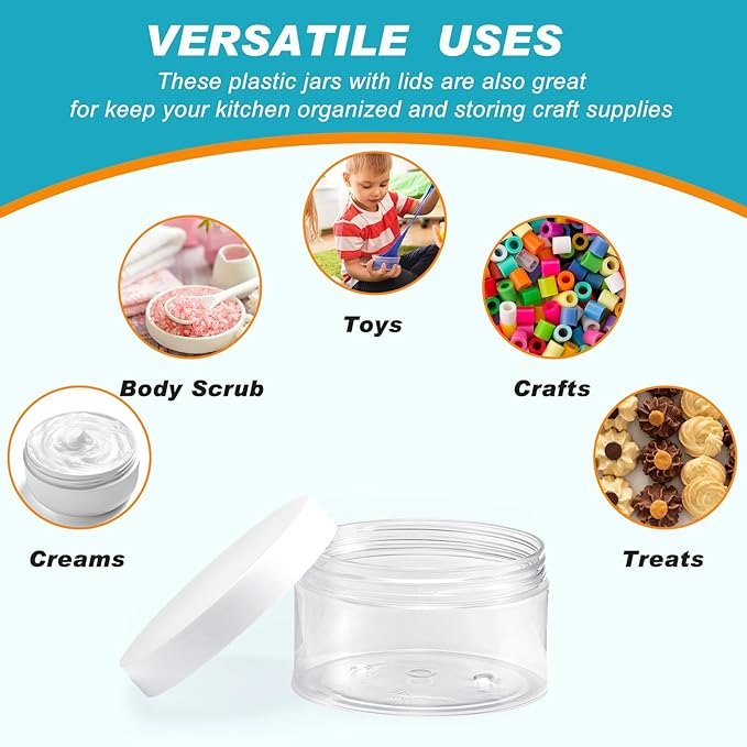 Dandat 24 Pcs 8 oz Plastic Jar Container with Lid and Label Refillable Empty Round Clear with Colourful Pet Cosmetic Sample Slime Containers for Lotion, Cream, Ointments, Body Butter, Travel Storage