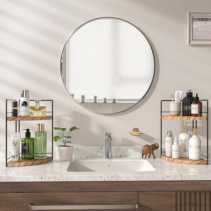 2 Pack Bathroom Counter Organizer, 2 Tier Corner Bathroom Counter Organizer Wooden Vanity Organizers for Bathroom Organizers and Kitchen Storage Dresser Decoration