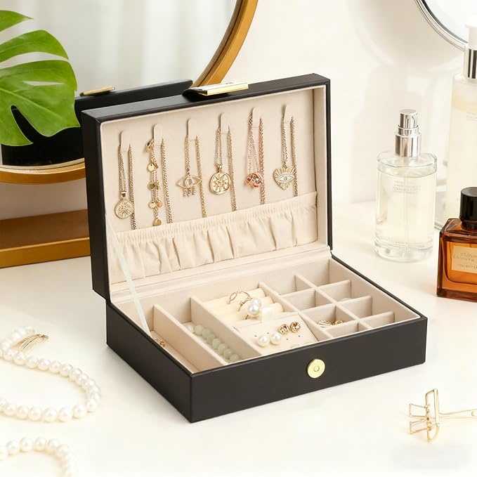Jewelry Box Travel Jewelry Organizer Case for Women Portable Storage for Earrings, Necklaces, Rings, Bracelets Gift Box Black
