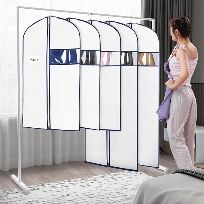 Syeeiex 60'' Garment Bags, Set of 8 Dress Bag for Gown, Garment Bags for Hanging Clothes,Garment Bag for Dresses Long,Dress Garment Bag for Gown,Evening Dresses,Fur Coat,Long Dress(White & Dark Blue)