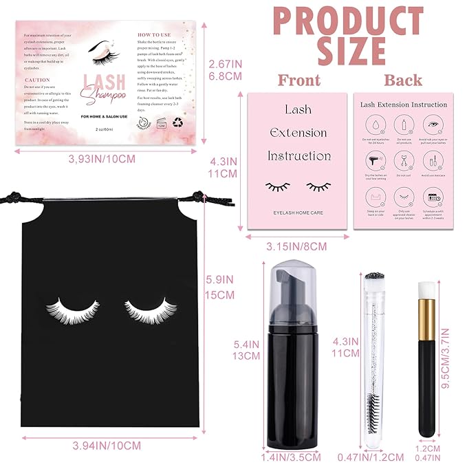 60PCS Lash Shampoo Bottles and Brushes Set, 10pcs Foam Pump Dispenser, Lash Cleaning Brush, Eyelash Extension Tube Brush, Instructions Cards, Bags, Lash Shampoo Stickers for Lash Business (B-black)