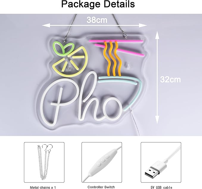 Pho Neon Sign Led Light up Sign for Business Vietnamese Pho Restaurant Vietnam Noodles Shop, USB Powered Ultra Bright Dimmable Neon Billboard 15" x 12.6"