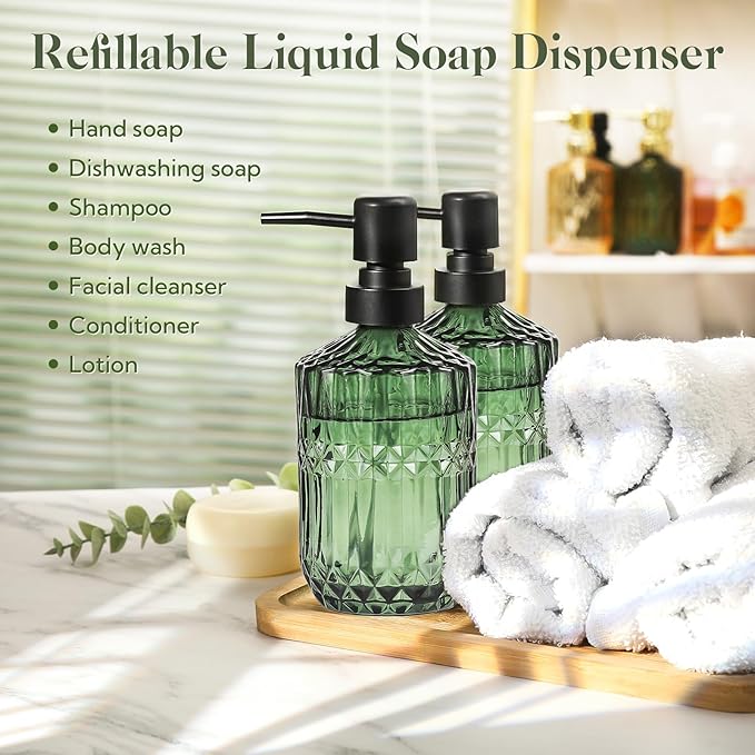 6 Pack Glass Soap Dispenser with Pump 15.2 oz Refillable Liquid Hand Soap Dish Soap Dispensers Vintage Soap Dispenser Liquid Bottle for Kitchen Sink Bathroom Counter(Green,Black Pump Head)