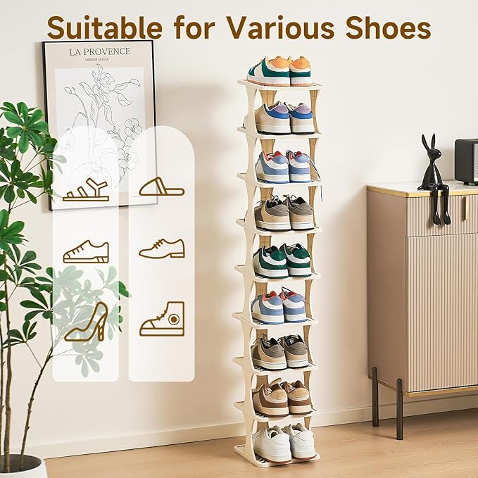 Vertical Shoe Rack 9 Tier Adjustable Shoe Organizer Small Shoe Shelf for Closet, Narrow Entryway, or Bedroom Easy to Assemble and Disassemble Holds Up to 10 Pairs of Shoes (White)