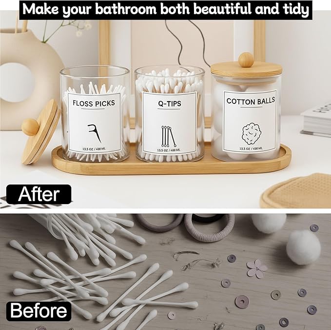 3 PCS Qtip Holder for Bathroom, Cotton Ball Holder with Tray, Bathroom Organizers and Storage, Bathroom Jars for Floss Picks, Cotton Swabs, Balls, Pads(Clear)