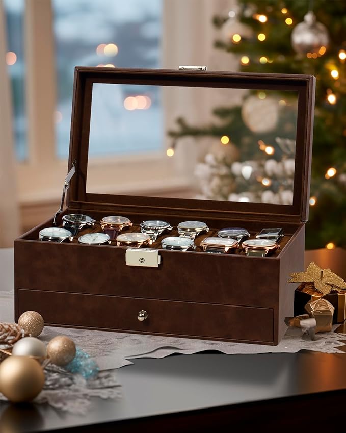 GUKA Watch Box, 12 Slot Watch Case, Watch Cases for men with Real Glass Lid, Synthetic Leather Watch Organizer storage with Jewelry Case, Birthday for Men and Women, Brown