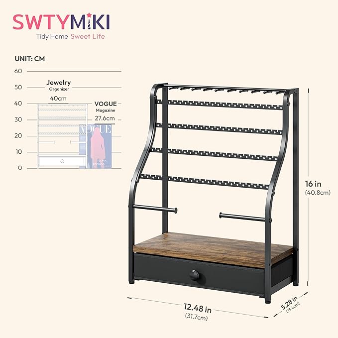 SWTYMIKI Earring Holder Organizer - Jewelry Organizer Stand with Necklace Hooks, Watch Rods, Nonwoven Drawer, Large Capacity Jewelry Display for Stud Earring Bracelet Necklace Ring, Espresso