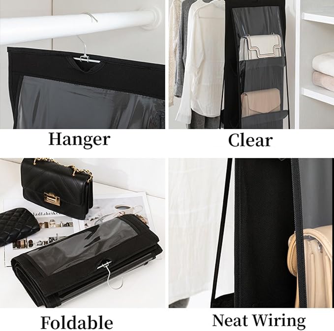 HAN SHENG 10 Pockets Clear Handbag & Purse Organizer Hanging Bag Storage - Space Saving Hanging Shelf for Closet, Wardrobe, Over Door (1 Pack, Black)