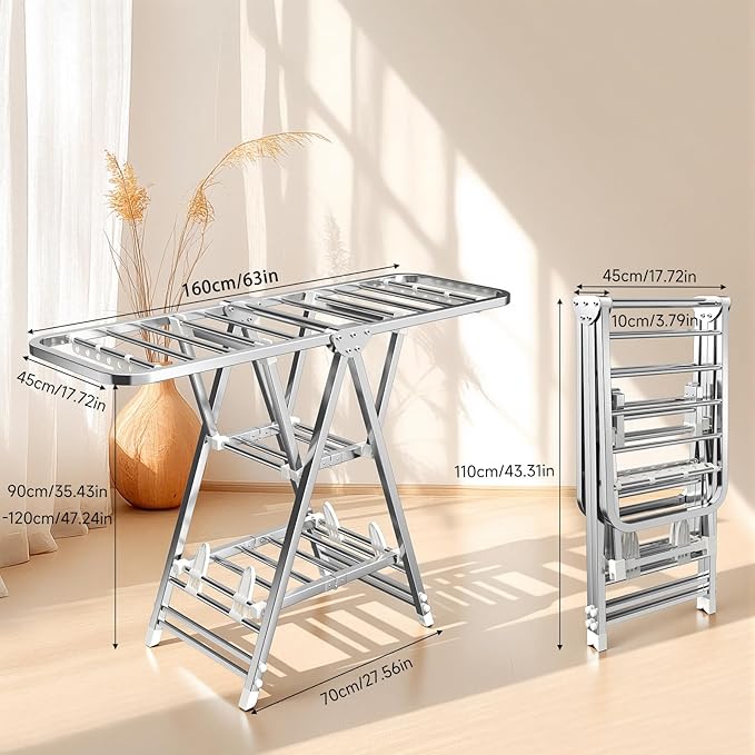MIKEE Clothes Drying Rack,Stainless Steel Foldable Laundry Drying Rack with Height Adjustable Wings,Clothes Rack with Shoe Rack,Windproof Hanging Holes and Wheels,132 lb,Indoor Outdoor Use