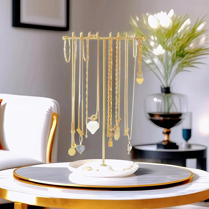 Necklace Holder Stand Organizer with Tray - Gold Jewelry Organizer with 16 Hooks Necklace Tree, Small Necklace Hanger & Ring Holder, Multifunctional Storage Earrings, Lipstick, Watches